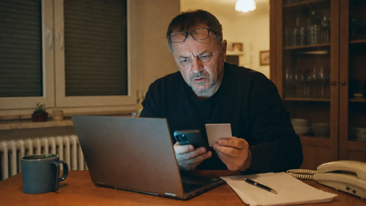 Bărbat la masa din bucătărie, seara, comparând buletinul cu ecranul telefonului în fața laptopului, blocat la activarea contului SPV
