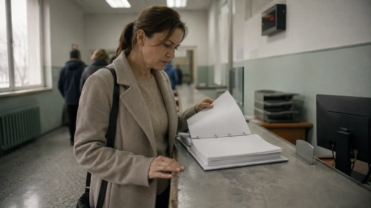 Femeie la ghișeul Registrului Comerțului răsfoind un dosar cu documente pentru firmă, cu coada de așteptare în spate