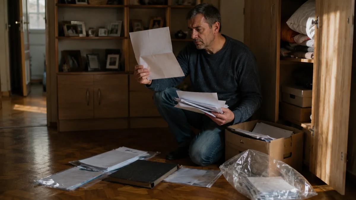 Bărbat căutând printre acte vechi scoase dintr-o cutie de carton și din dulap, pe podeaua din living — certificatul de naștere pierdut