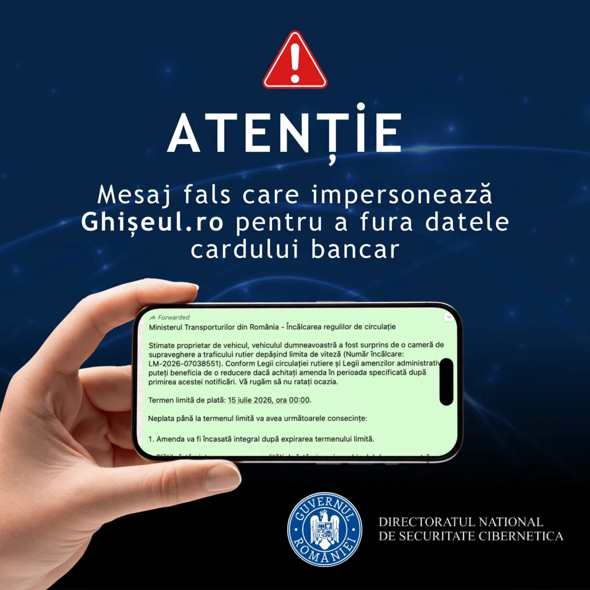Avertisment oficial DNSC: mesaj fals care impersonează Ghișeul.ro pentru a fura datele cardului bancar — telefon cu SMS-ul fraudulos despre încălcarea regulilor de circulație