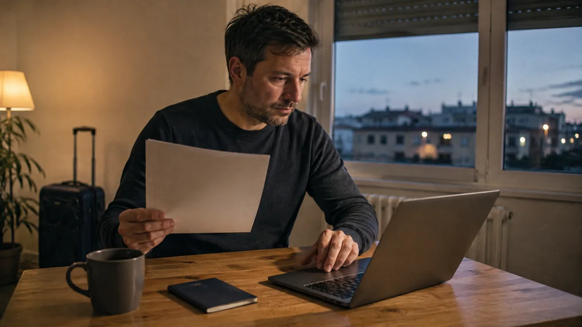 Bărbat într-un apartament din străinătate, seara, ținând un certificat străin și căutând pe laptop procedura de transcriere în România