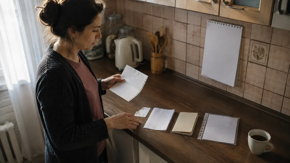 Femeie aliniind pe blatul din bucătărie actele pentru dosar — buletin, certificat, carnet și folie de documente — verificându-le după o listă