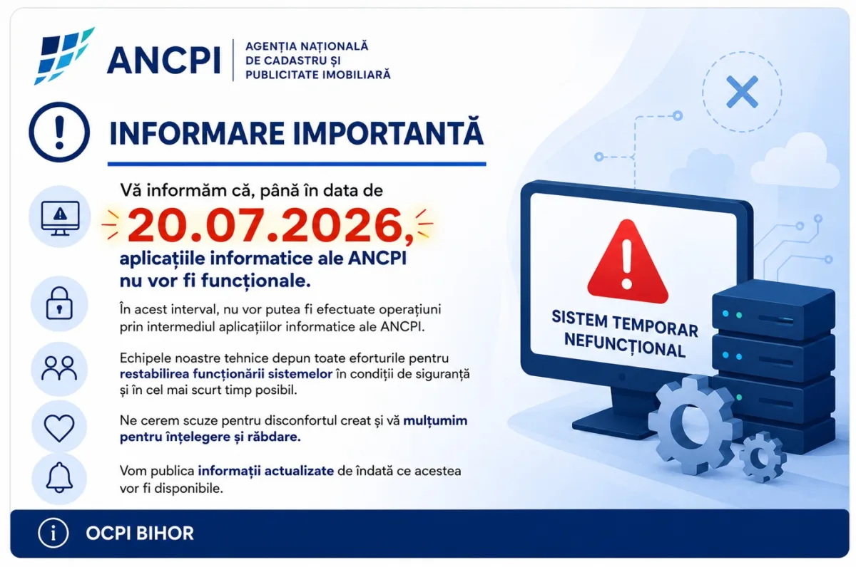 Informarea oficială ANCPI/OCPI: aplicațiile informatice nu vor fi funcționale până în 20.07.2026, sistem temporar nefuncțional