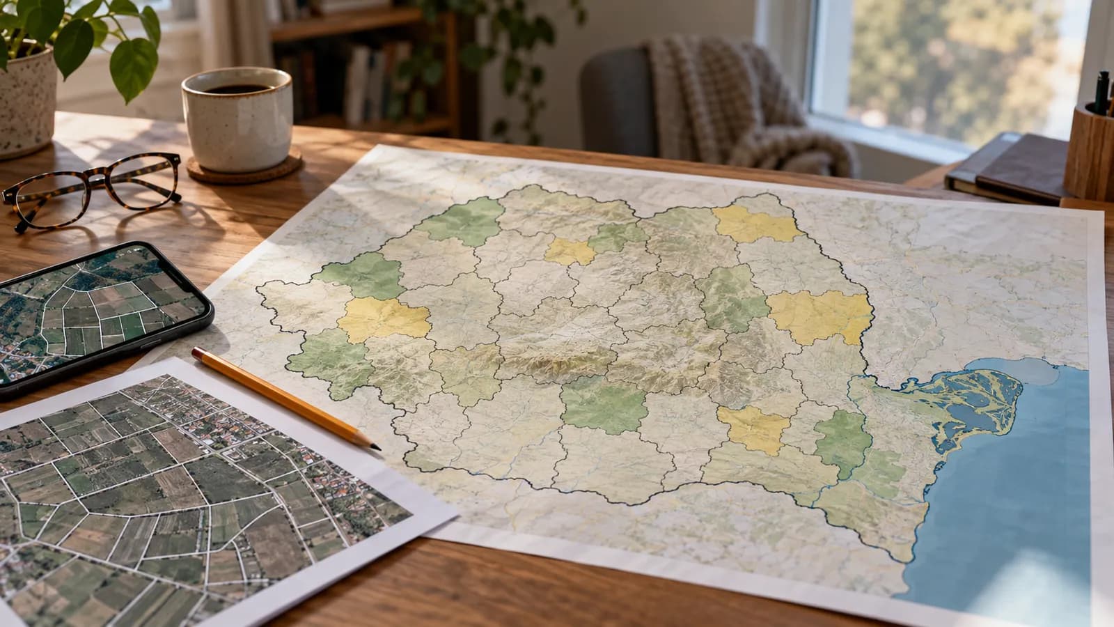 Hartă a României tipărită, cu județe colorate, lângă un plan cadastral și un telefon cu harta parcelelor