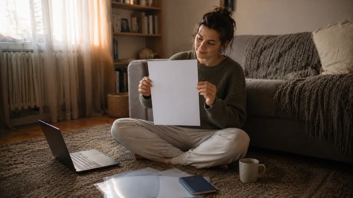 Femeie așezată pe covor în living, verificând un document din dosarul pregătit pentru căsătoria în străinătate