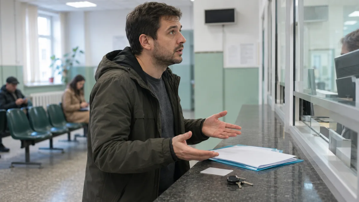 Bărbat la ghișeul de evidența populației, cu dosarul deschis pe tejghea, aflând că îi lipsește un act din dosar