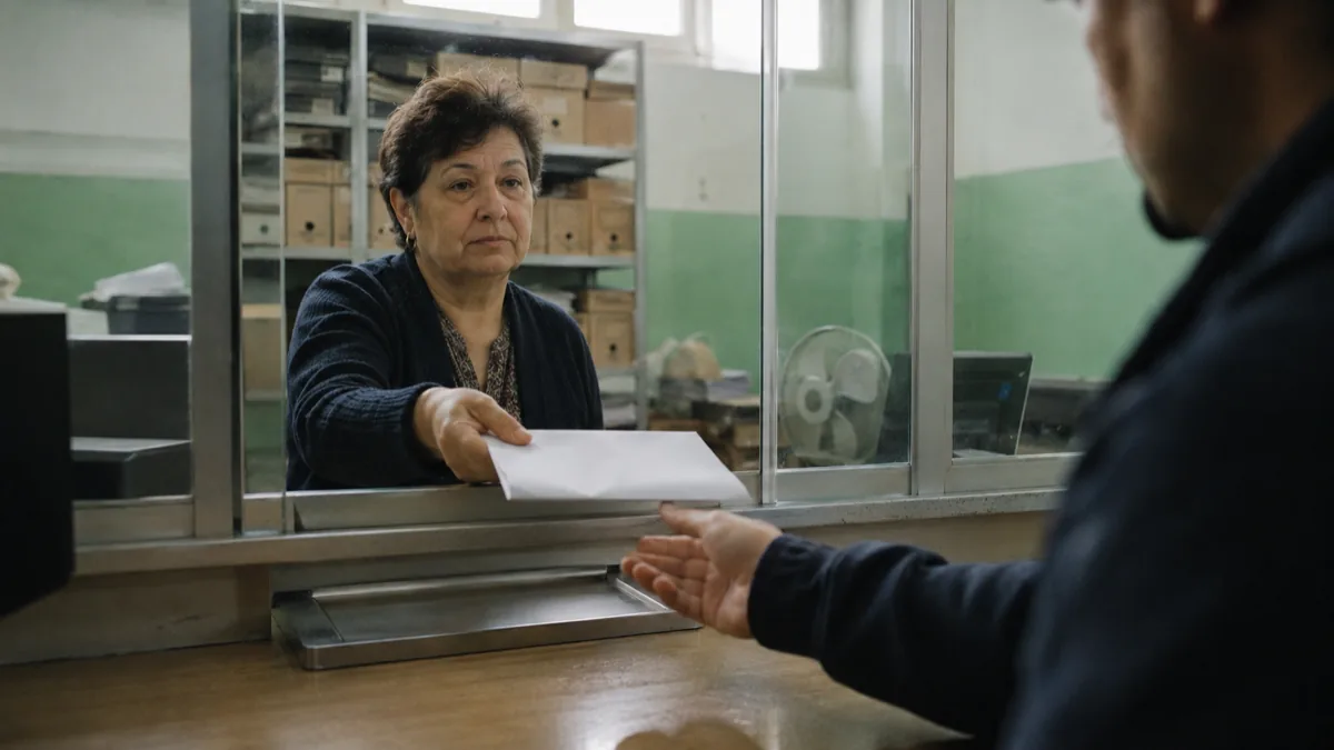 Funcționară de stare civilă înmânând un certificat prin geamul ghișeului, cu rafturile de arhivă în spate — eliberarea duplicatului de certificat de naștere