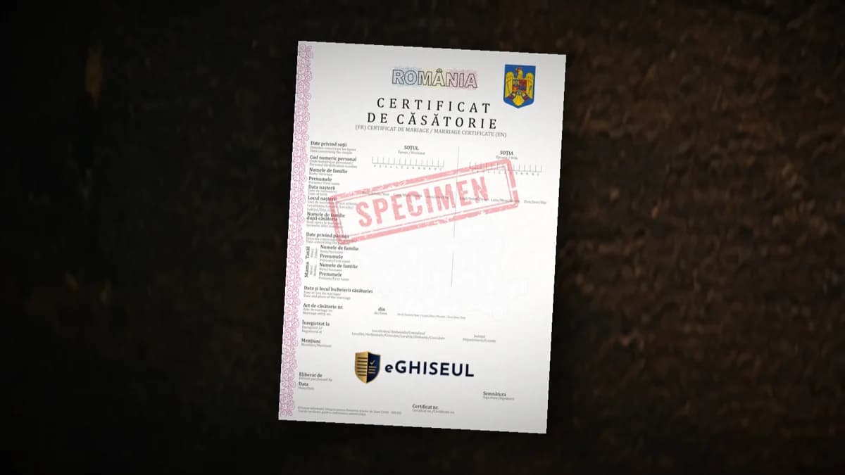 Specimen al certificatului de căsătorie emis în România, model actual tipizat, așezat pe o masă de lemn