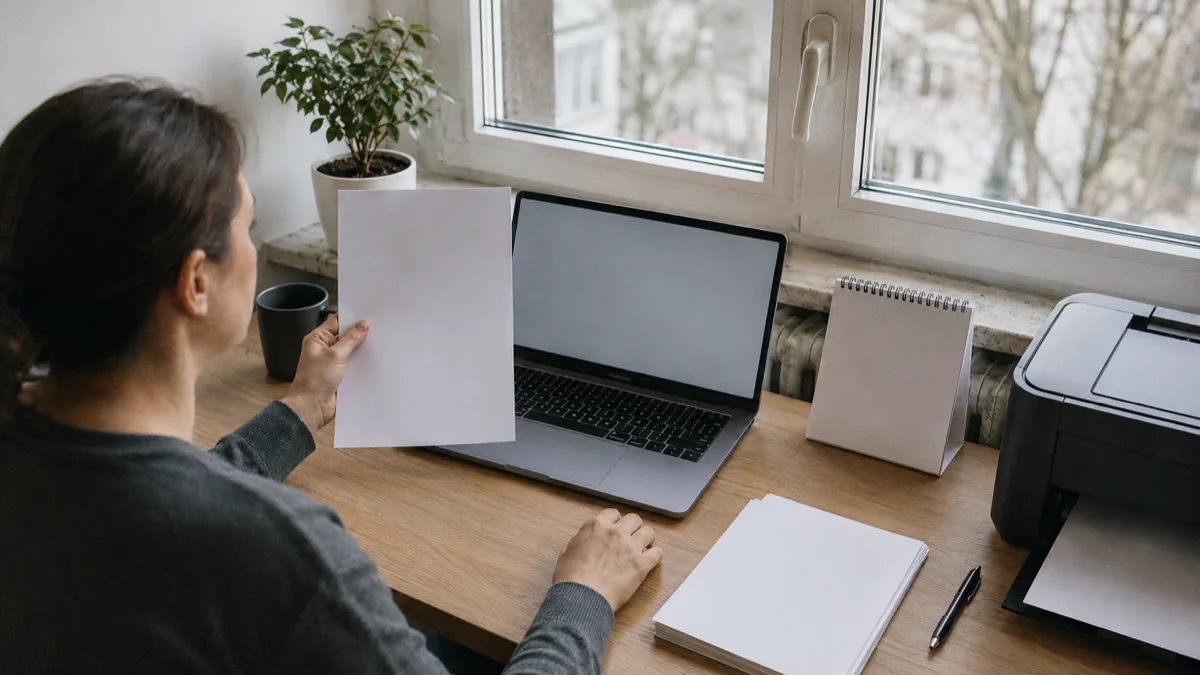 Femeie la birou lângă fereastră comparând un certificat tipărit cu documentul de pe ecranul laptopului, cu imprimanta alături