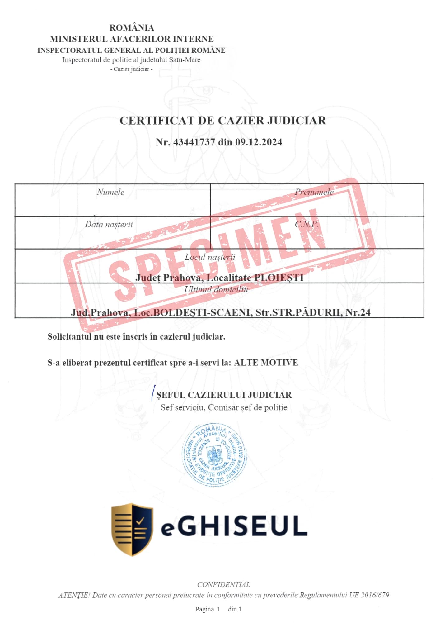 Specimen Cazier Judiciar emis de Inspectoratul General al Poliției Române — exemplu document