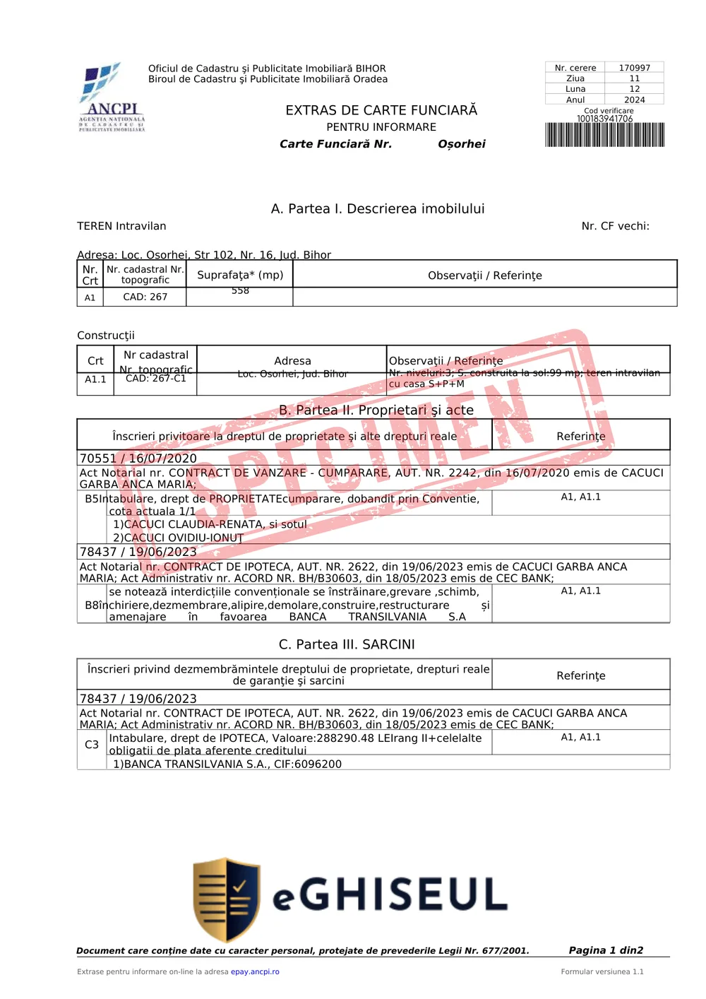Specimen Extras de Carte Funciară emis de ANCPI / OCPI — exemplu document cu proprietar, suprafață și sarcini