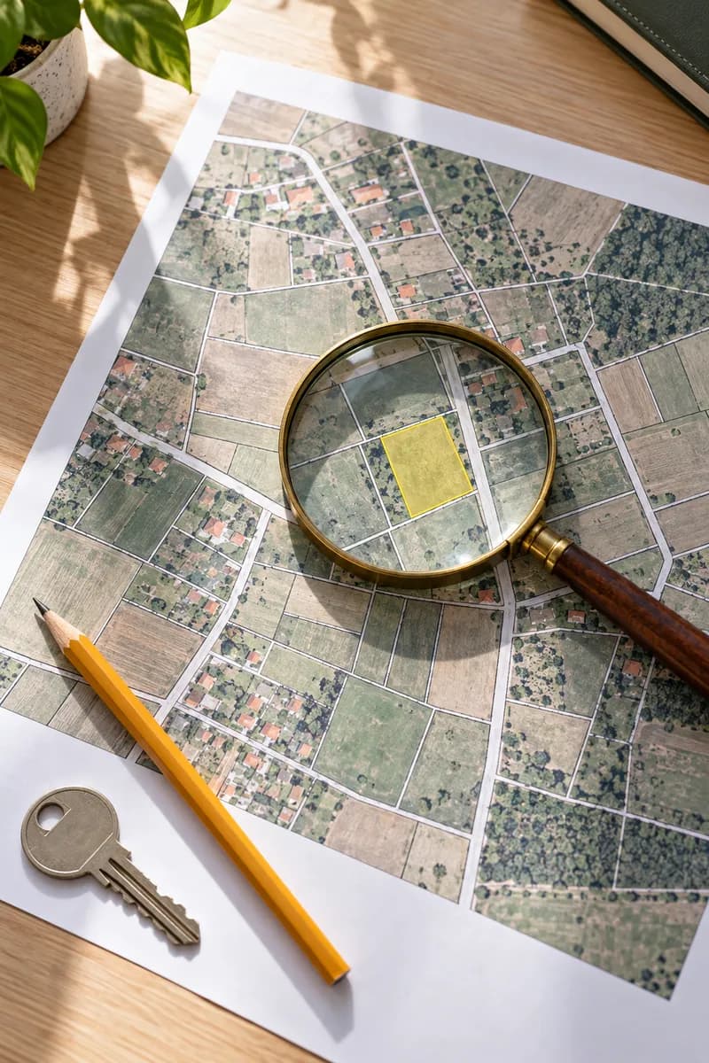 Hartă cadastrală tipărită, cu o parcelă evidențiată sub lupă