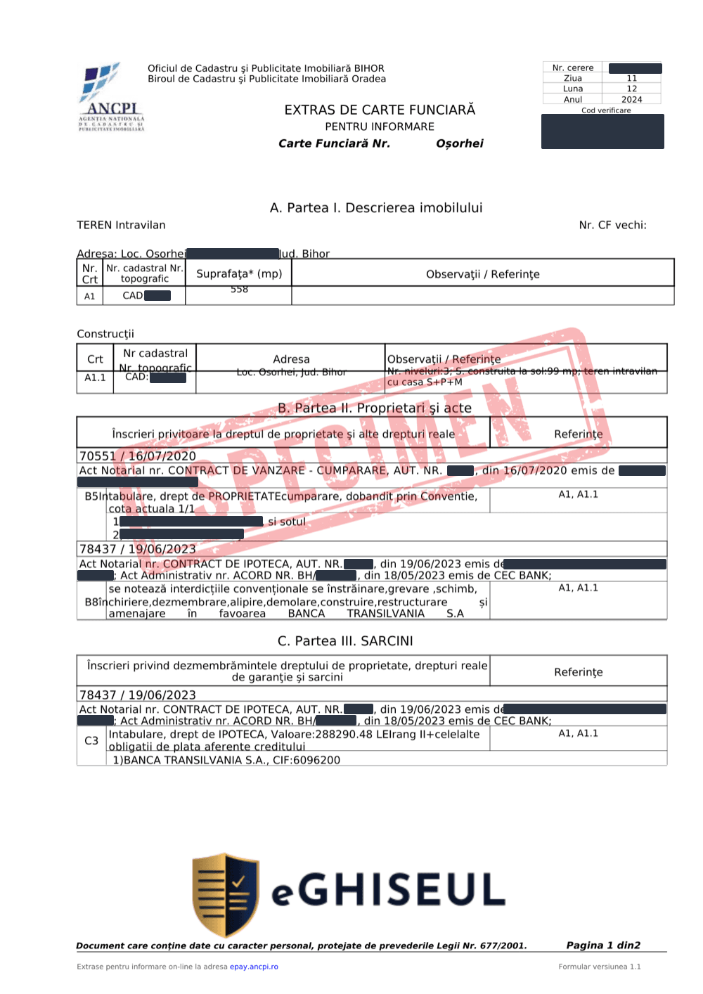 Specimen extras de carte funciară