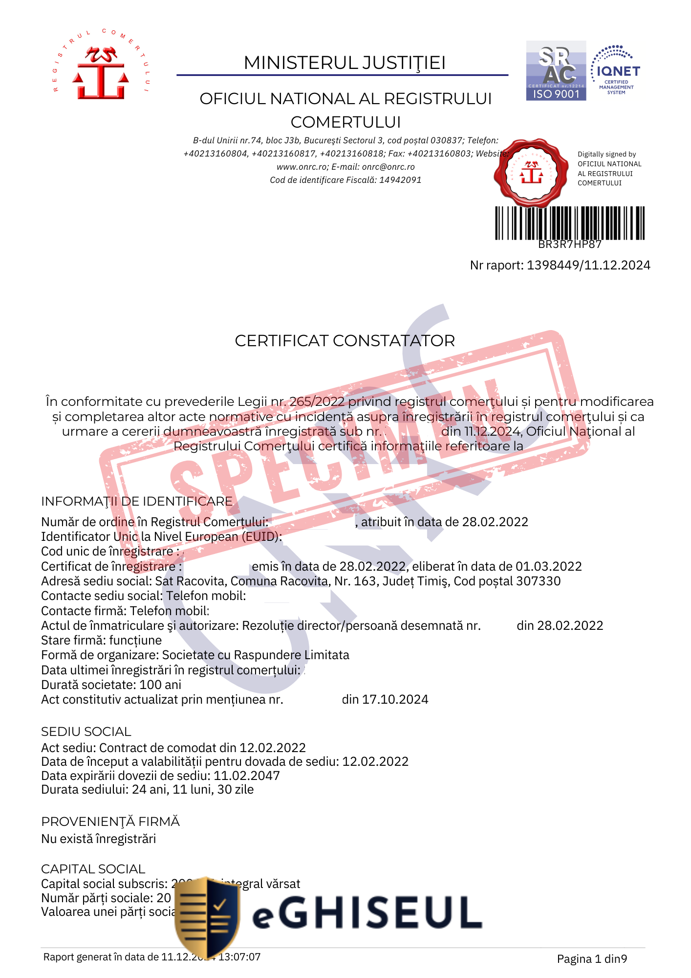 CERTIFICAT CONSTATATOR ONRC
