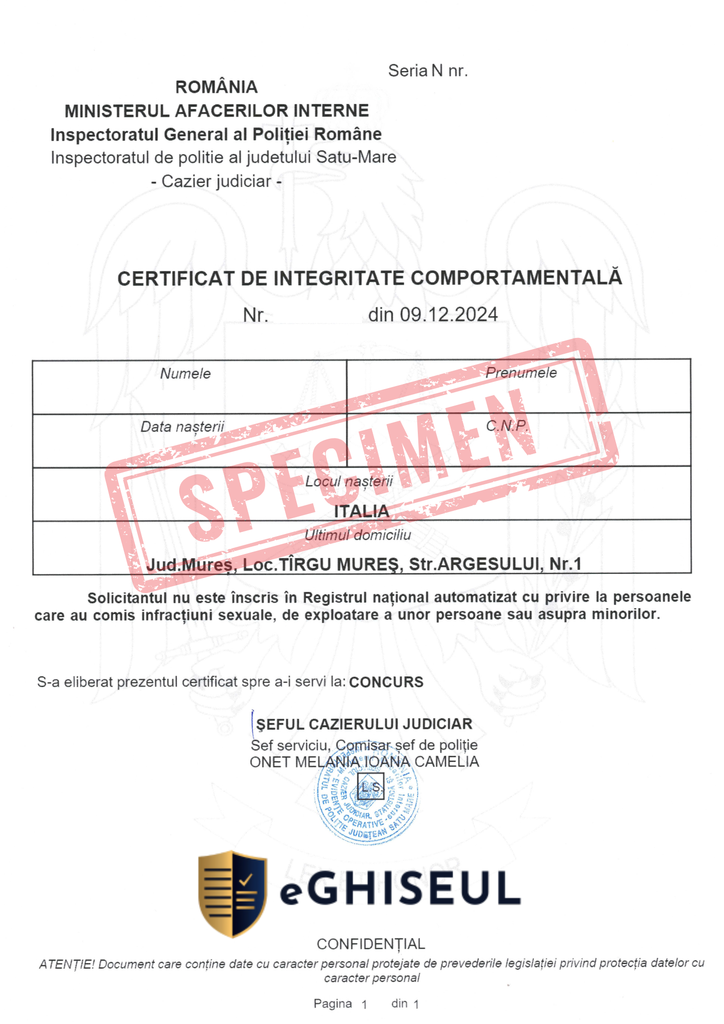 CERTIFICAT DE INTEGRITATE COMPORTAMENTALA