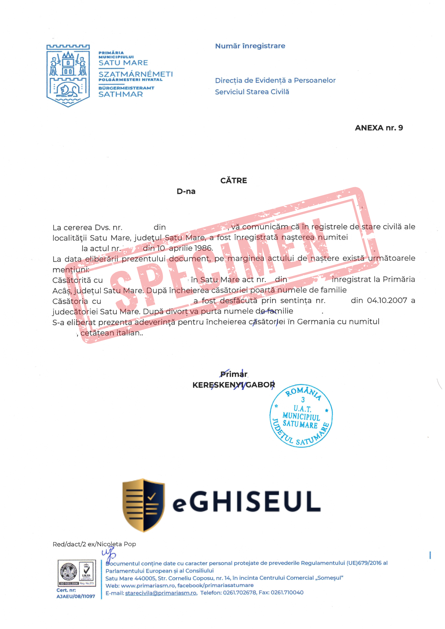 Certificat de Celibat, ANEXA 9
