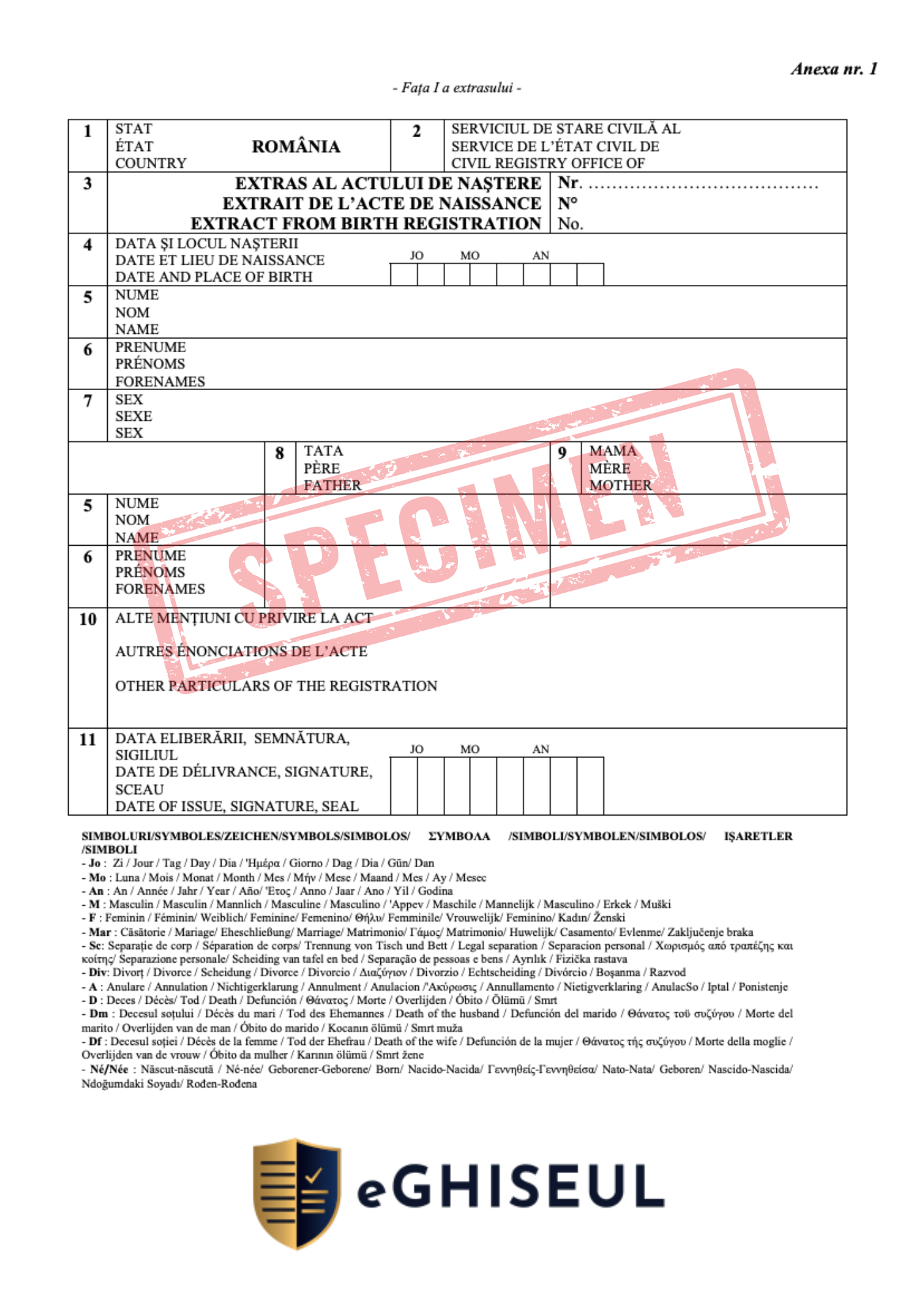 Specimen Extras Multilingv Certificat de Naștere